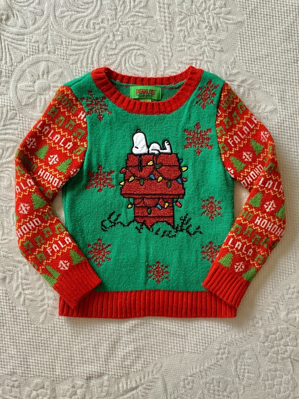 Peanuts Snoopy Red & Green Holiday Sparkly Knit Kids Ugly Christmas Sweater 6